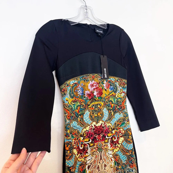Just Cavalli Black Geometric Floral Designer Colorblock Bodycon Mini Dress XS - Picture 7 of 12